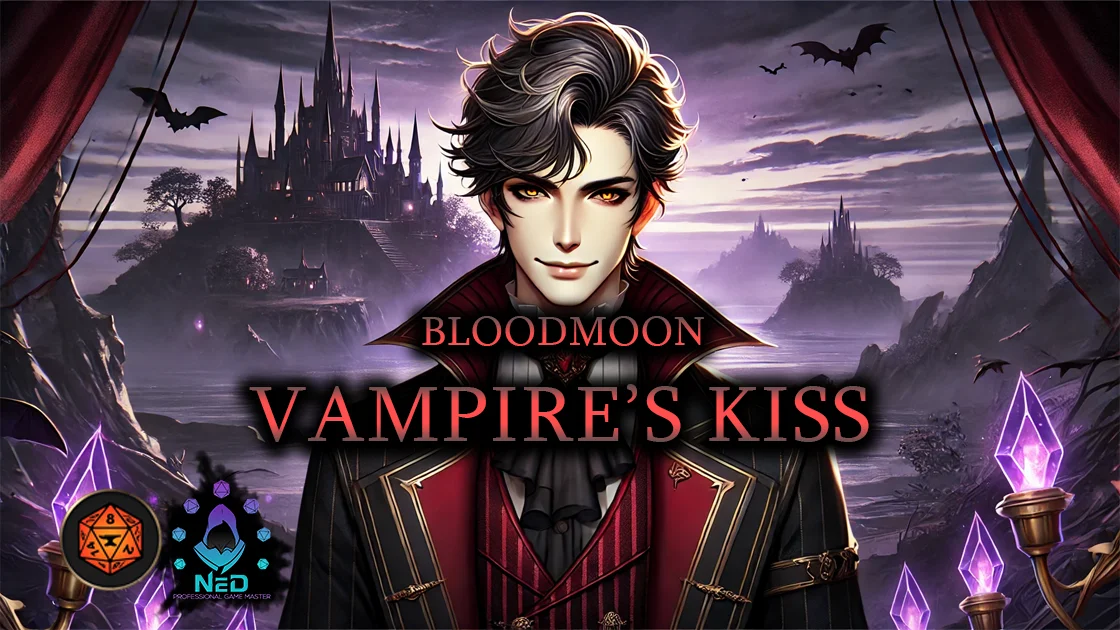 Bloodmoon Vampire's Kiss D&D campaign banner - Fantasy Lair dark fantasy TTRPG adventure