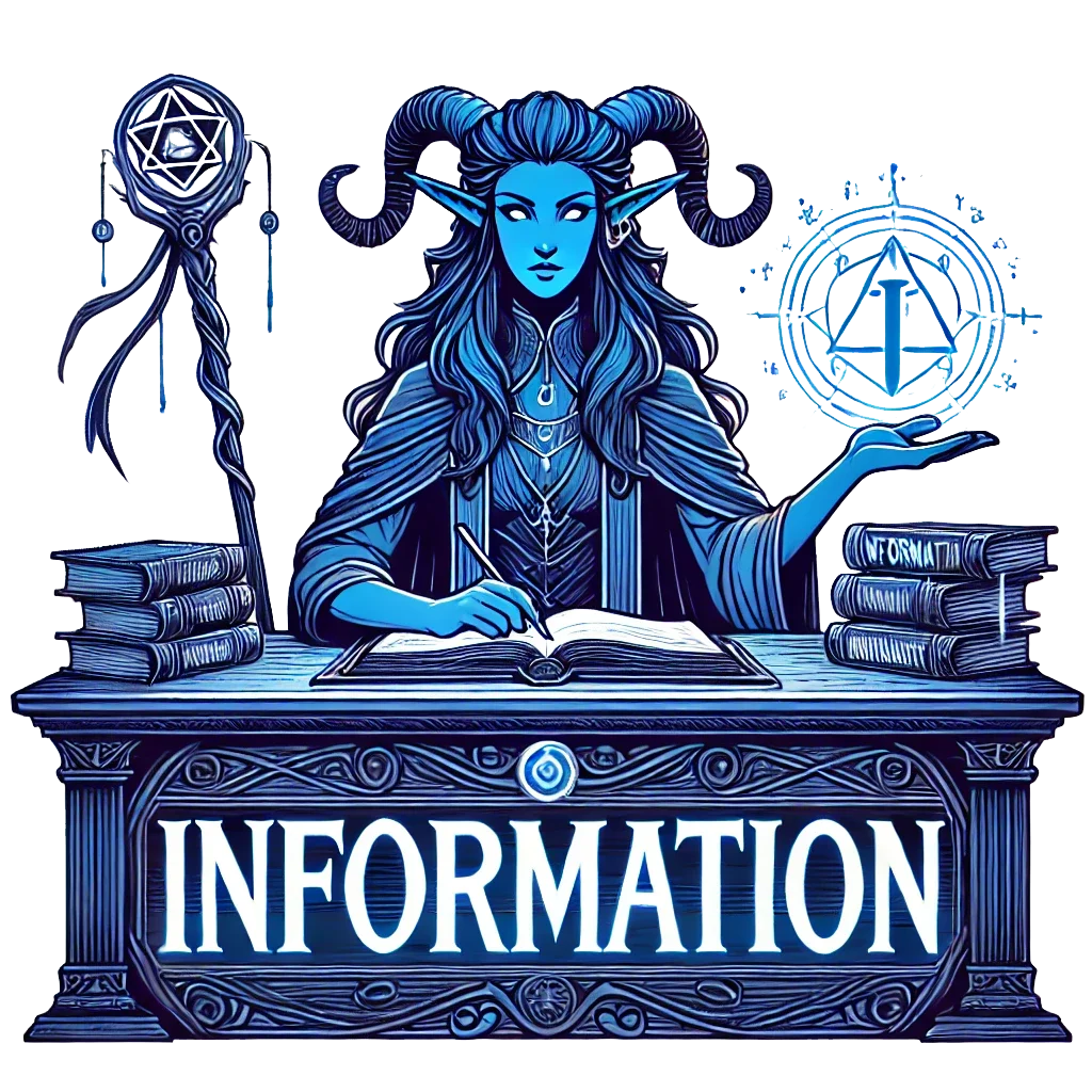 Fantasy information desk illustration with blue-themed magical character - Fantasy Lair FAQ page